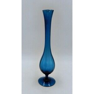 Empoli Glass Bud Vase Cobalt Blue Italy Ribbed Optic Hand Blown 11 Inch Tall
